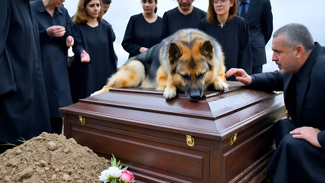 Chienne blanche recroquevillée près d'un cercueil