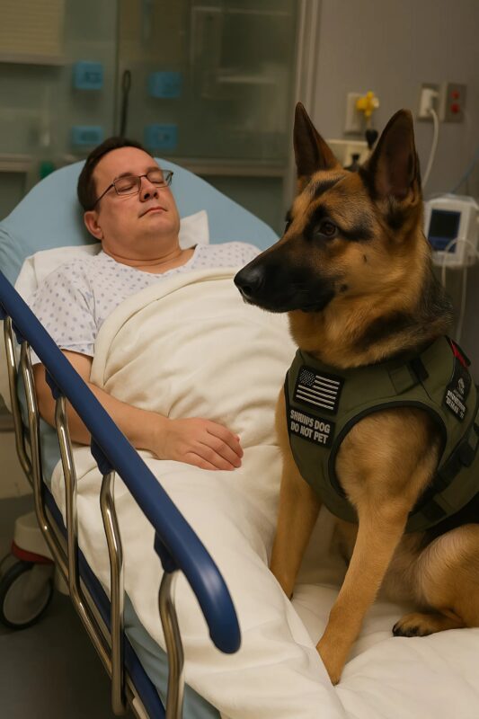 Chien sautant sur le lit d'hôpital pour réveiller son maître
