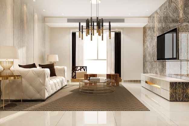 Intérieur luxueux avec canapé en cuir et luminaire design