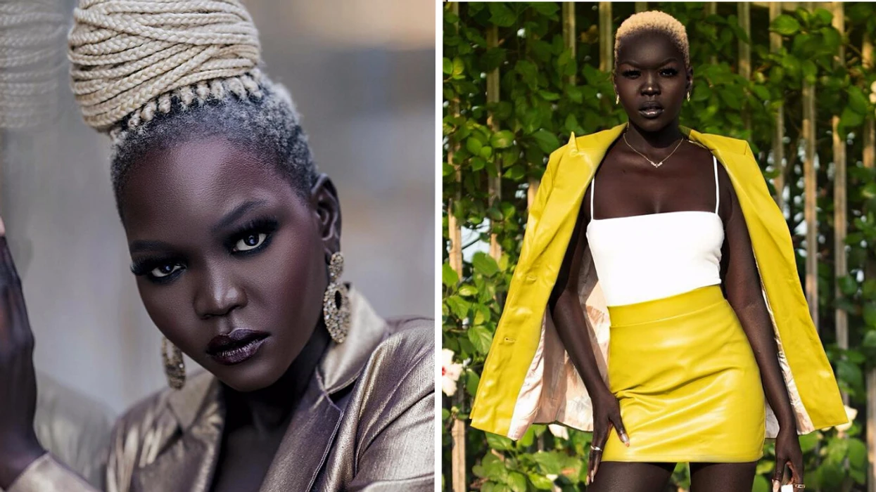 Nyakim Gatwech lors d'une séance photo, rayonnante dans une robe élégante