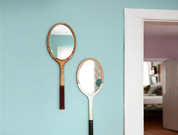 Miroir décoratif fait à partir d'une raquette de tennis recyclée