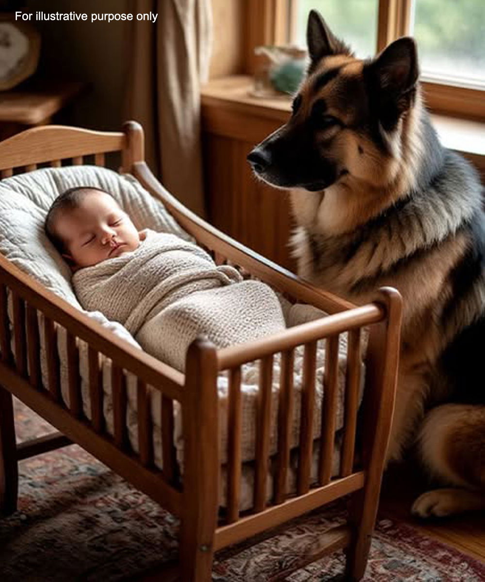 Louna, une chienne au regard attentif, veillant près d'un berceau
