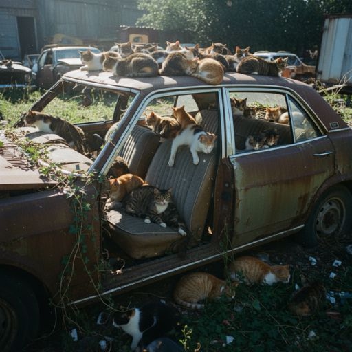 Chats installés dans une vieille voiture abandonnée