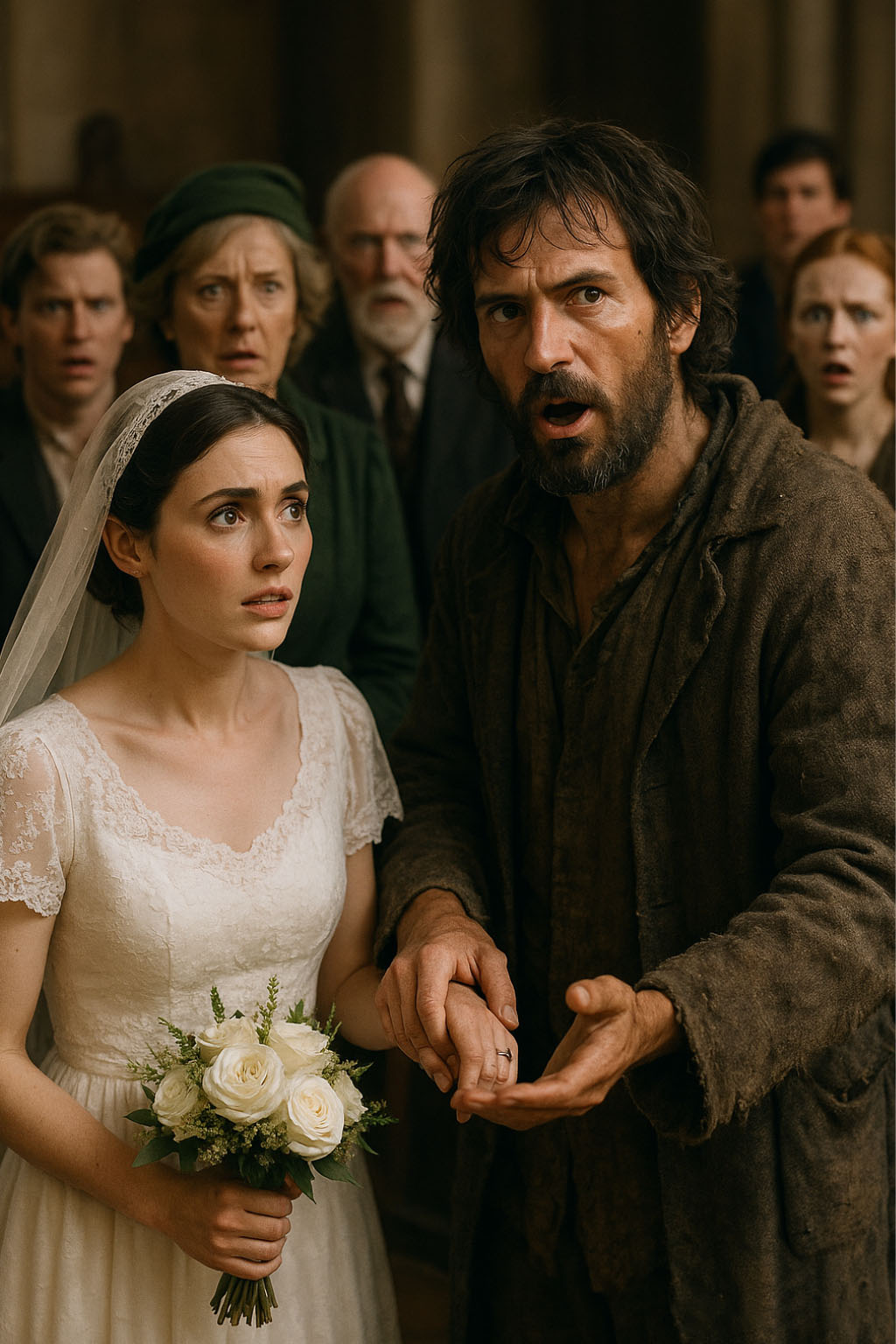 Une jeune femme en robe de mariée, l'air triste, se tient dans une église