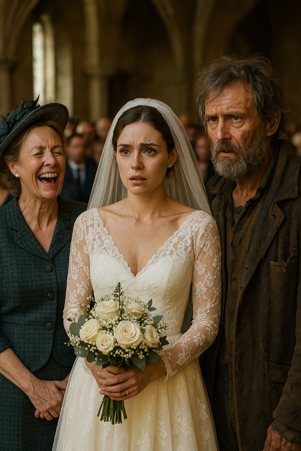 L'homme aux vêtements usés se tient droit à l'autel, face à l'assistance surprise