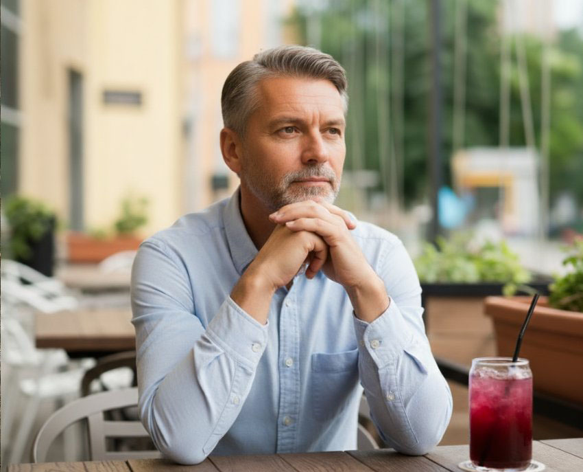 Une femme et un homme d'âge mûr dans un salon, semblant légèrement distants, illustrant la cohabitation complexe.
