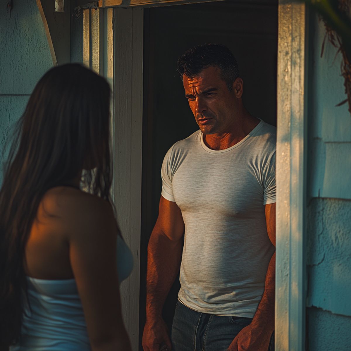Une femme angoissée sonne à une porte, créant une atmosphère de tension et d'inconnu.