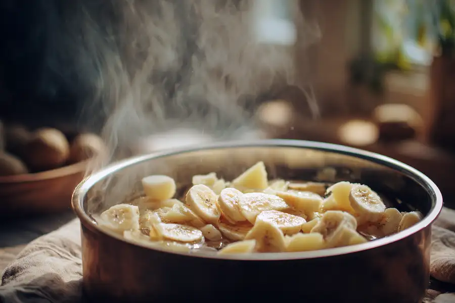 Bol en céramique contenant une crème maison et des morceaux de banane et pomme de terre