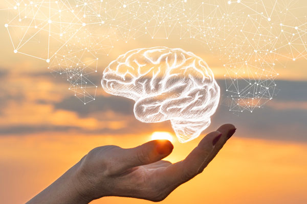 Représentation abstraite d'un cerveau stimulé par la lumière