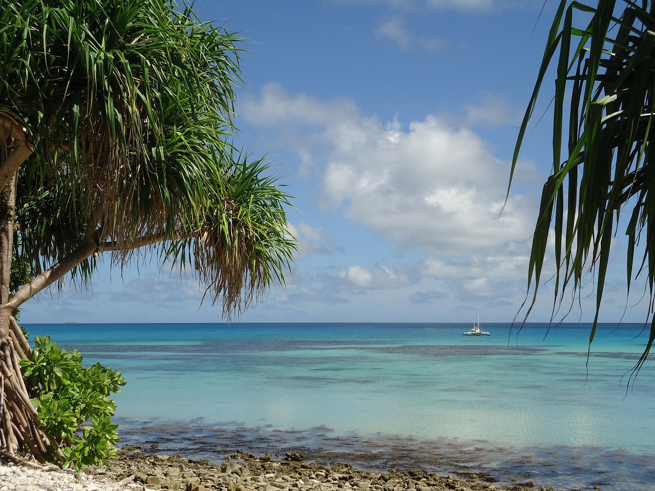 Plage de sable fin et eau turquoise dans une île du Pacifique
