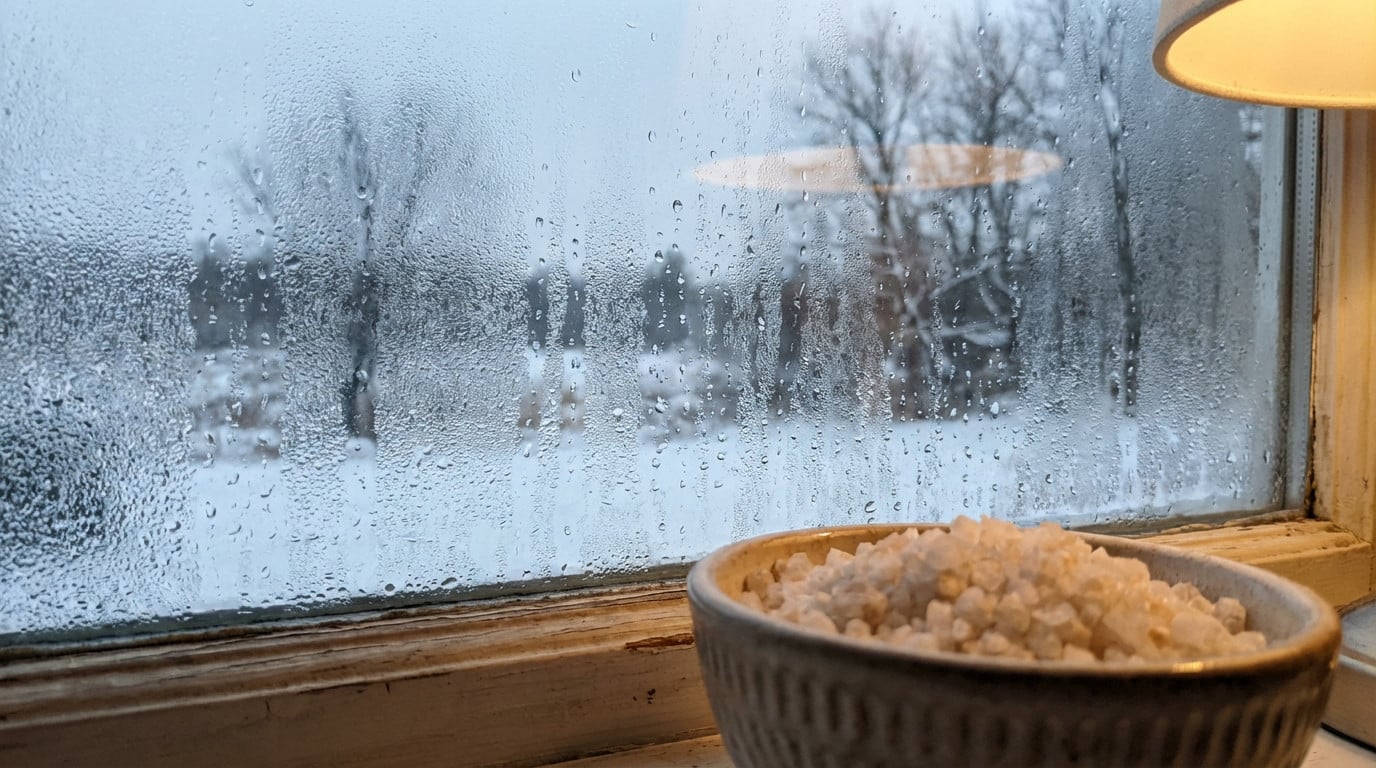 Fenêtre avec condensation et bol de gros sel posé sur le rebord